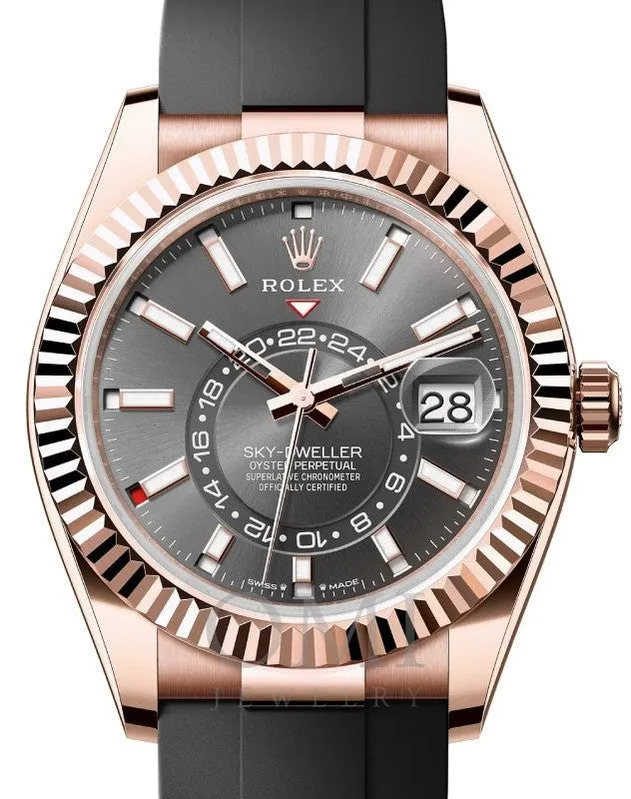 ROLEX SKY-DWELLER ROSE GOLD  DARK SLATE INDEX DIAL OYSTERFLEX 336235 WITH RUBBER STRAP