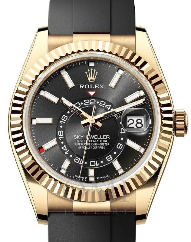 ROLEX SKY-DWELLER YELLOW GOLD BLACK INDEX DIAL OYSTERFLEX 336235 WITH RUBBER STRAP