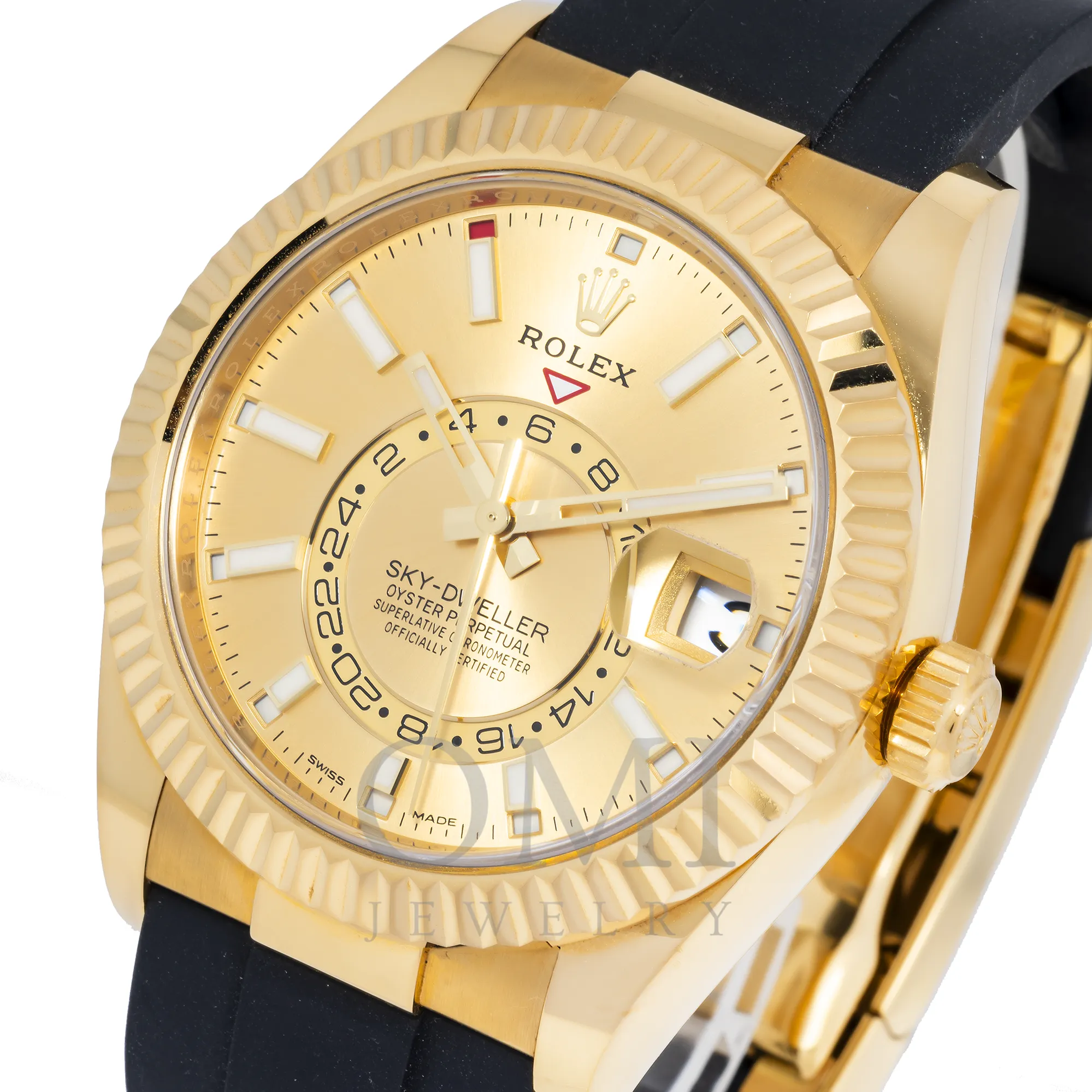 ROLEX SKY-DWELLER YELLOW GOLD GOLDEN INDEX DIAL OYSTERFLEX 336238 WITH RUBBER STRAP