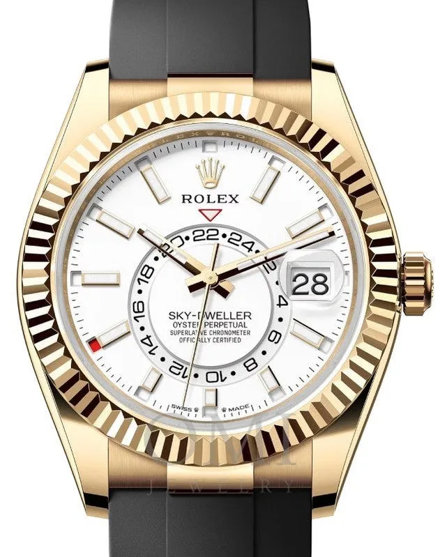 ROLEX SKY-DWELLER YELLOW GOLD WHITE INDEX DIAL OYSTERFLEX 336235 WITH RUBBER STRAP