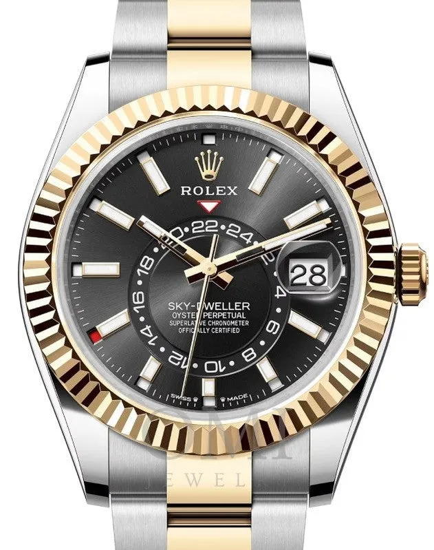 ROLEX SKY-DWELLER YELLOW GOLD/STEEL BRIGHT BLACK INDEX DIAL 336933 WITH OYSTER BRACELET