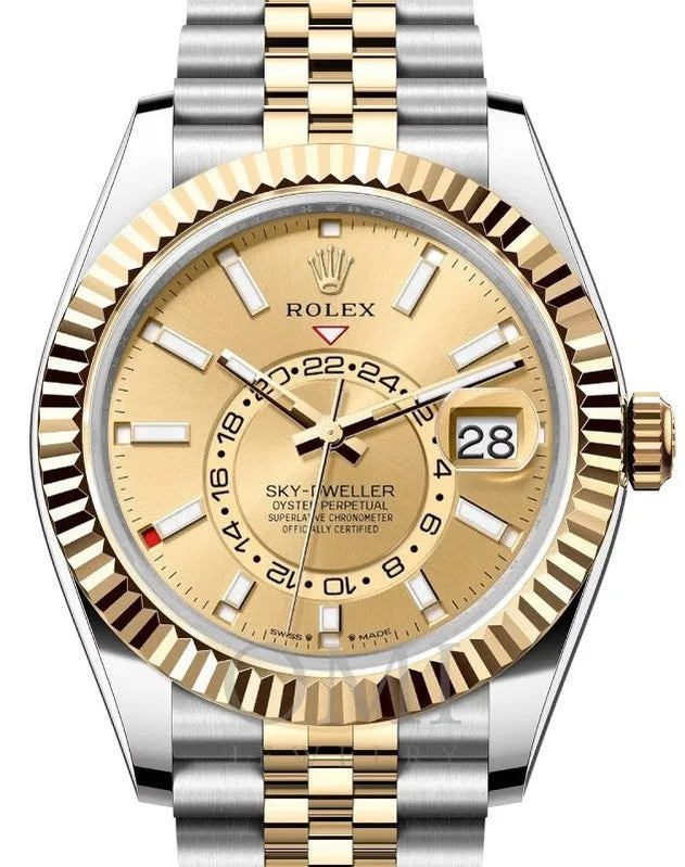 ROLEX SKY-DWELLER YELLOW GOLD/STEEL CHAMPAGNE INDEX DIAL 336933 WITH TWO TONE JUBILEE BRACELET