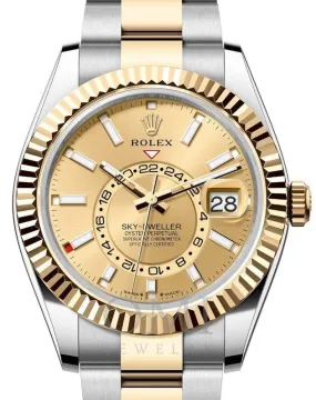 ROLEX SKY-DWELLER YELLOW GOLD/STEEL CHAMPAGNE INDEX DIAL OYSTER 336933 WITH TOW TONE OYSTER BRACELET