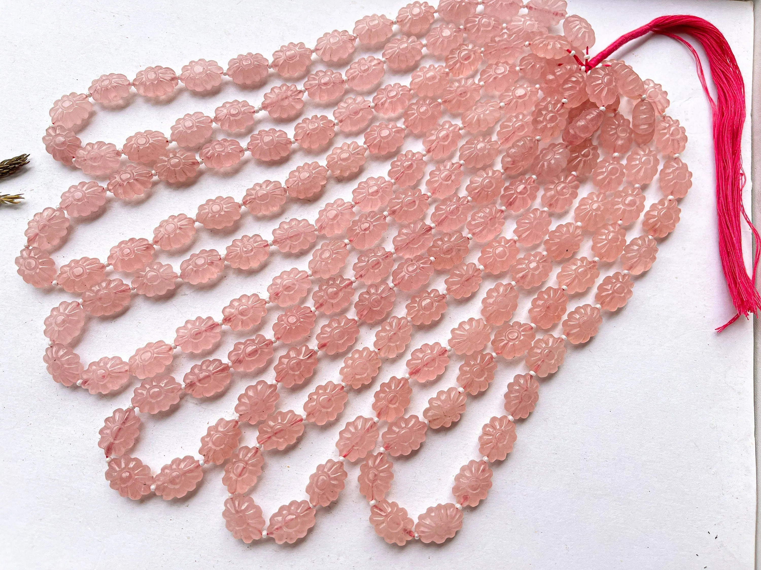 Rose Quartz Flower Carved Beads