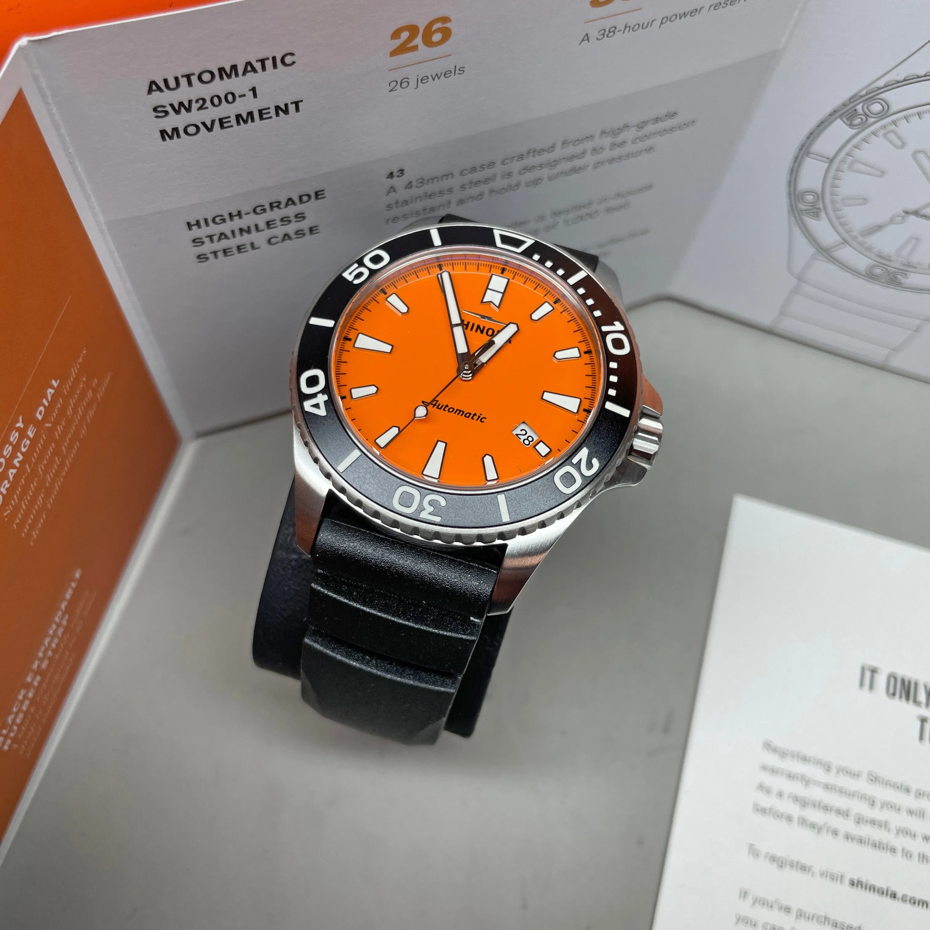 Shinola Lake Huron Monster Orange Automatic 43mm Watch S0120097180