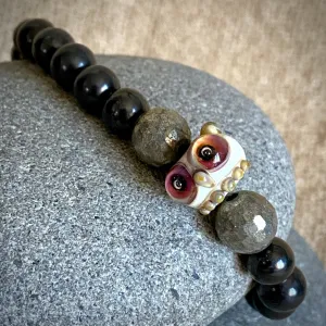 Shungite Bracelet, Owl Lampwork Glass Focal, Faceted Pyrite Beads