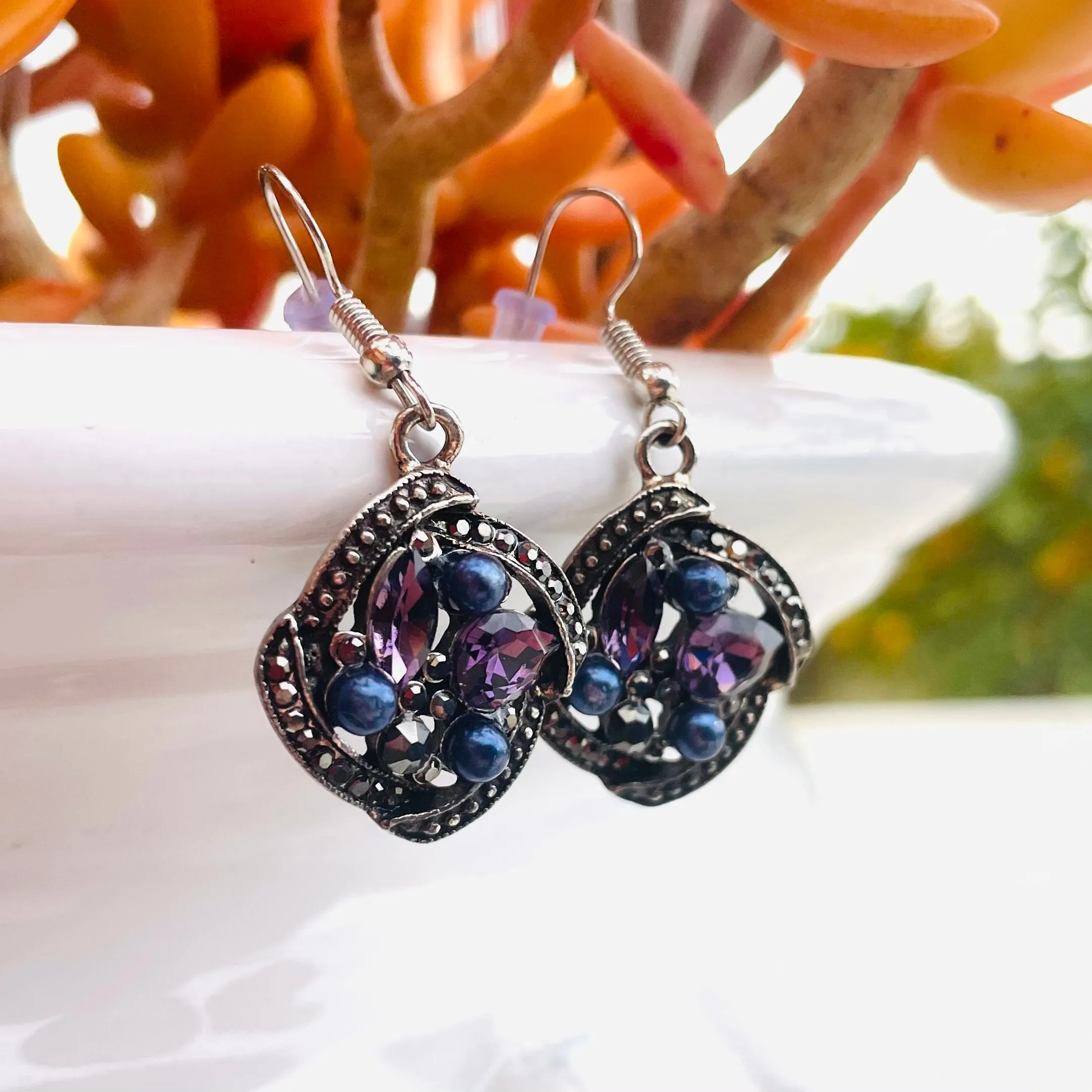 *Silver Tone Blue Purple Stones Circular Ornate Pierced Fashion Earrings