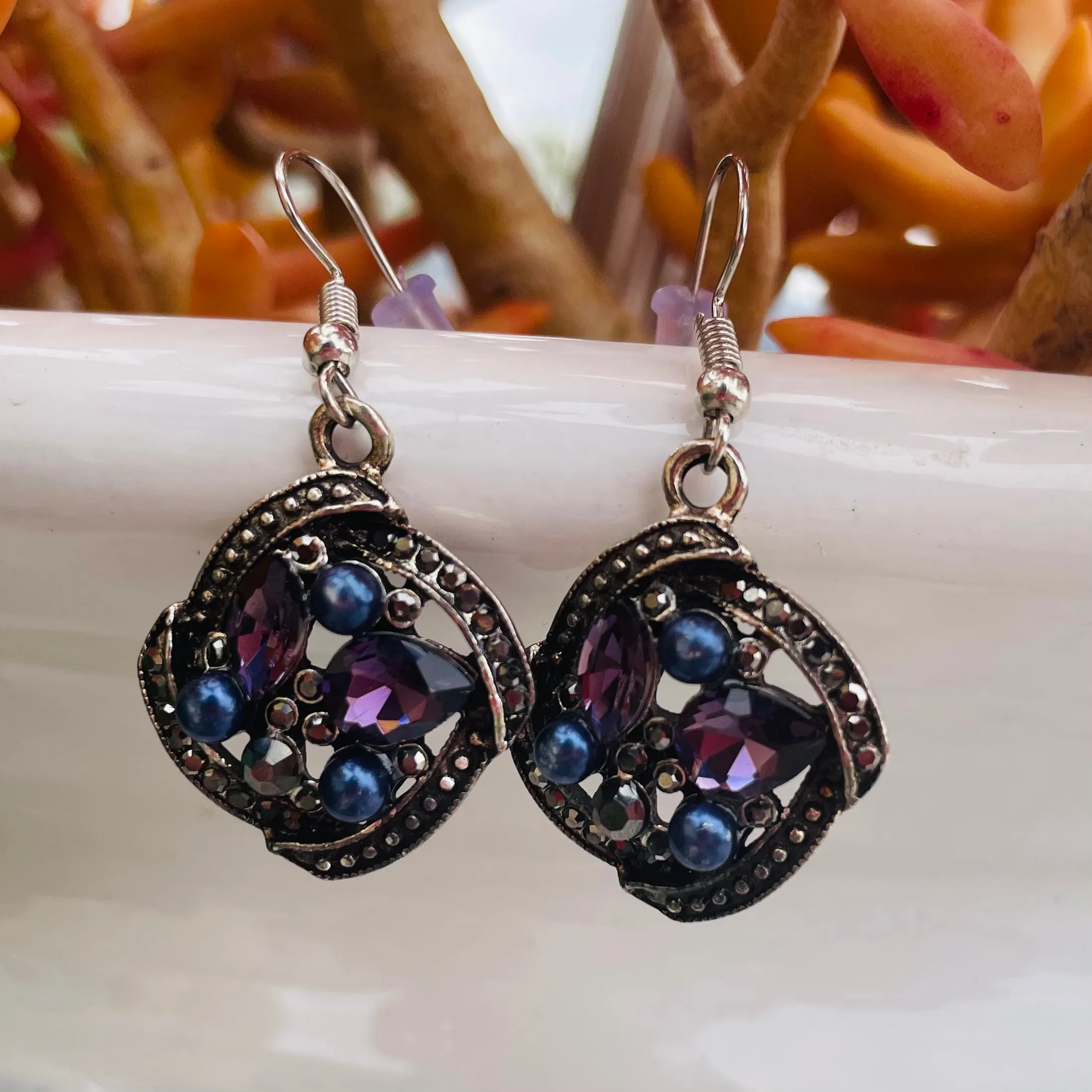 *Silver Tone Blue Purple Stones Circular Ornate Pierced Fashion Earrings