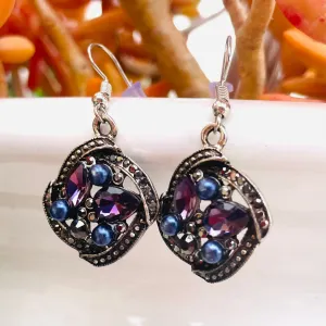 *Silver Tone Blue Purple Stones Circular Ornate Pierced Fashion Earrings