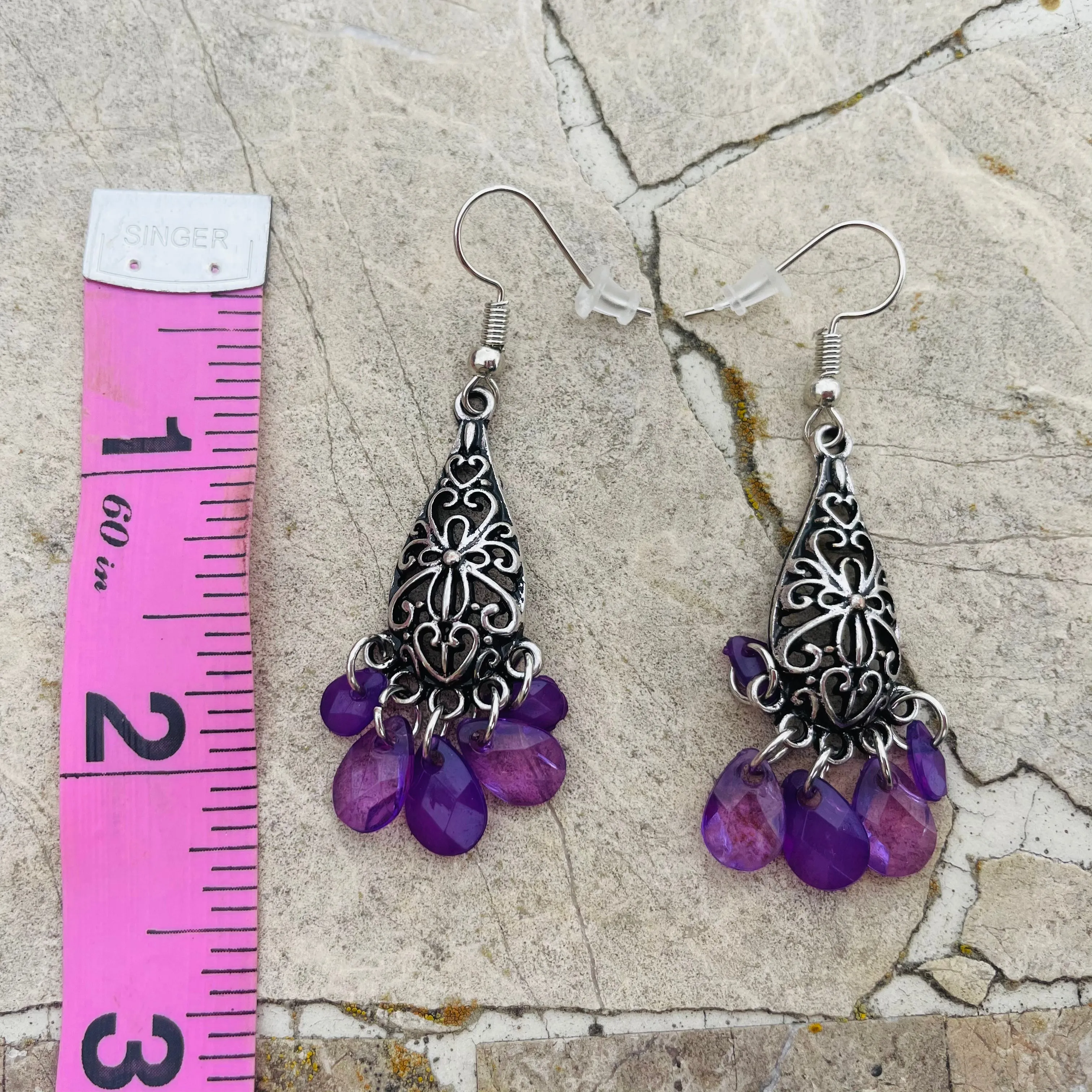 *Silver Tone Purple Beaded Floral Dangle Drop Pierced Fashion Earrings