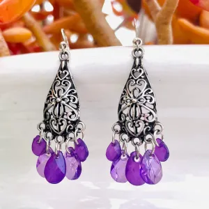 *Silver Tone Purple Beaded Floral Dangle Drop Pierced Fashion Earrings