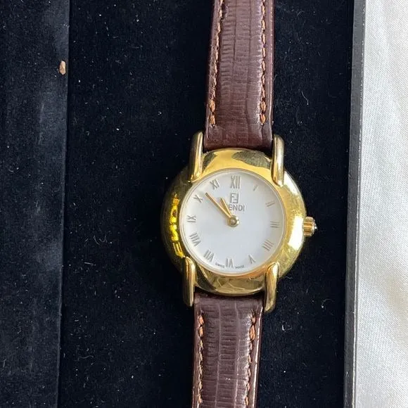 Vintage Fendi brown strap small gold face watch